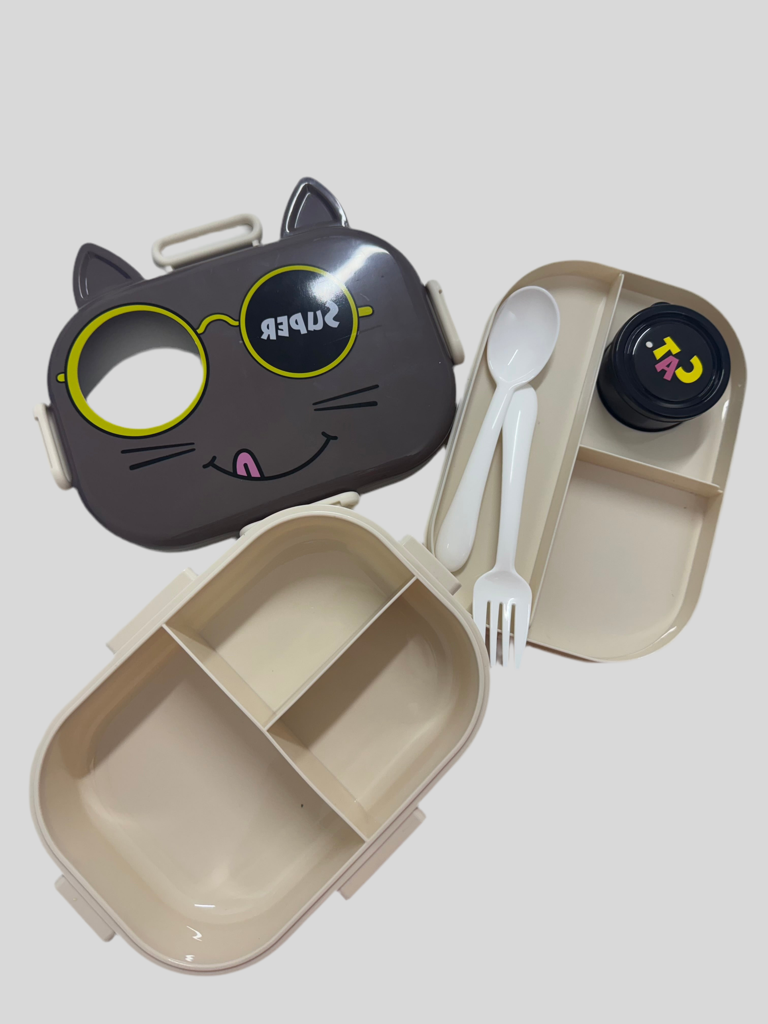Super Cat Cute Kids Lunch Box with Cat Design and Dual Compartments with Spoon and Fork Set – Perfect for School, Travel, Picnics, Snacks and Meals