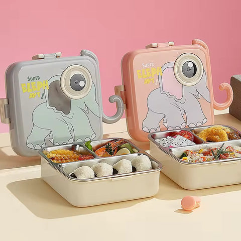Elephant School Children Bento Lunch Box Cute Cartoon Printing| Super Elephant Lunch Box 2 Layer Stainless Steel Lunch Box|BPA Free Ideal for Kids