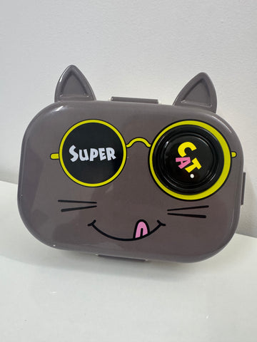 Super Cat Cute Kids Lunch Box with Cat Design and Dual Compartments with Spoon and Fork Set – Perfect for School, Travel, Picnics, Snacks and Meals