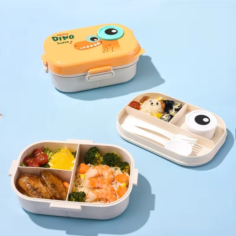 Dino Buddy Colourful Leakproof Kids Lunch Box with Cartoon Design and Cutlery Set – Fun, Durable, BPA-Free, Easy Open Clips – Ideal for School, Daycare, Picnics, Travel