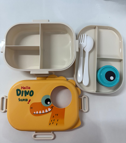 Dino Buddy Colourful Leakproof Kids Lunch Box with Cartoon Design and Cutlery Set – Fun, Durable, BPA-Free, Easy Open Clips – Ideal for School, Daycare, Picnics, Travel