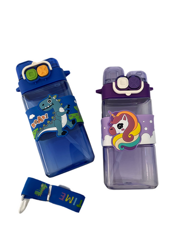 Cartoon Water Bottle with Adjustable Strap – Cute Double Drinking Straw Cup | Leak-Proof, Portable Tumbler – 520ML –Perfect for School & Outdoor Fun (Purple)