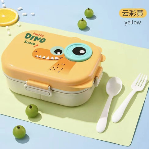 Dino Buddy Colourful Leakproof Kids Lunch Box with Cartoon Design and Cutlery Set – Fun, Durable, BPA-Free, Easy Open Clips – Ideal for School, Daycare, Picnics, Travel