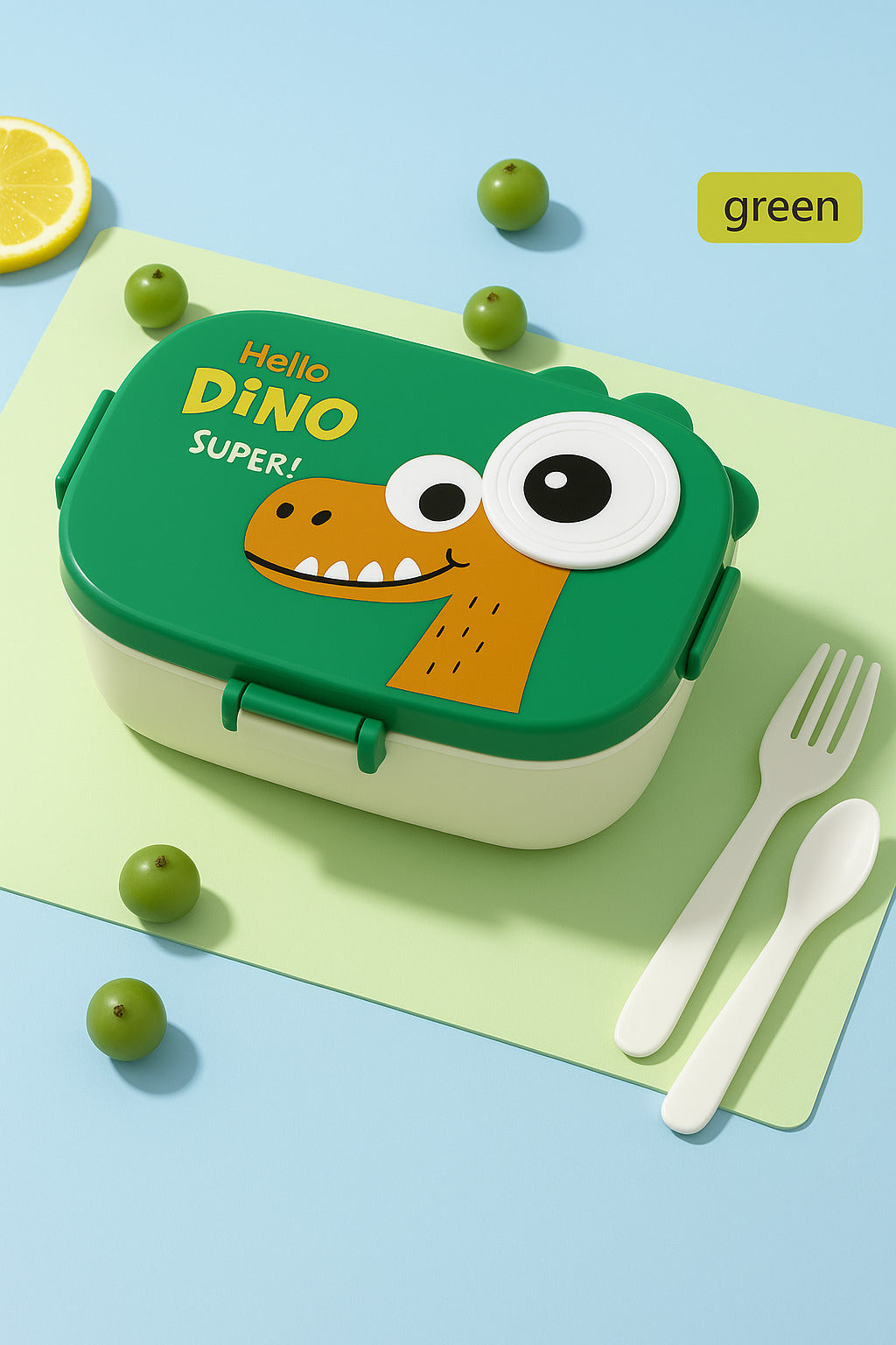 Dino Buddy Colourful Leakproof Kids Lunch Box with Cartoon Design and Cutlery Set – Fun, Durable, BPA-Free, Easy Open Clips – Ideal for School, Daycare, Picnics, Travel