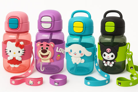 Cute Sipper Water Bottles with Cartoon Sticker – BPA-Free Bottle with Soft Silicone Straw, Adjustable Strap and Secure Lock – Leakproof Bottle for School,Travel & Picnic