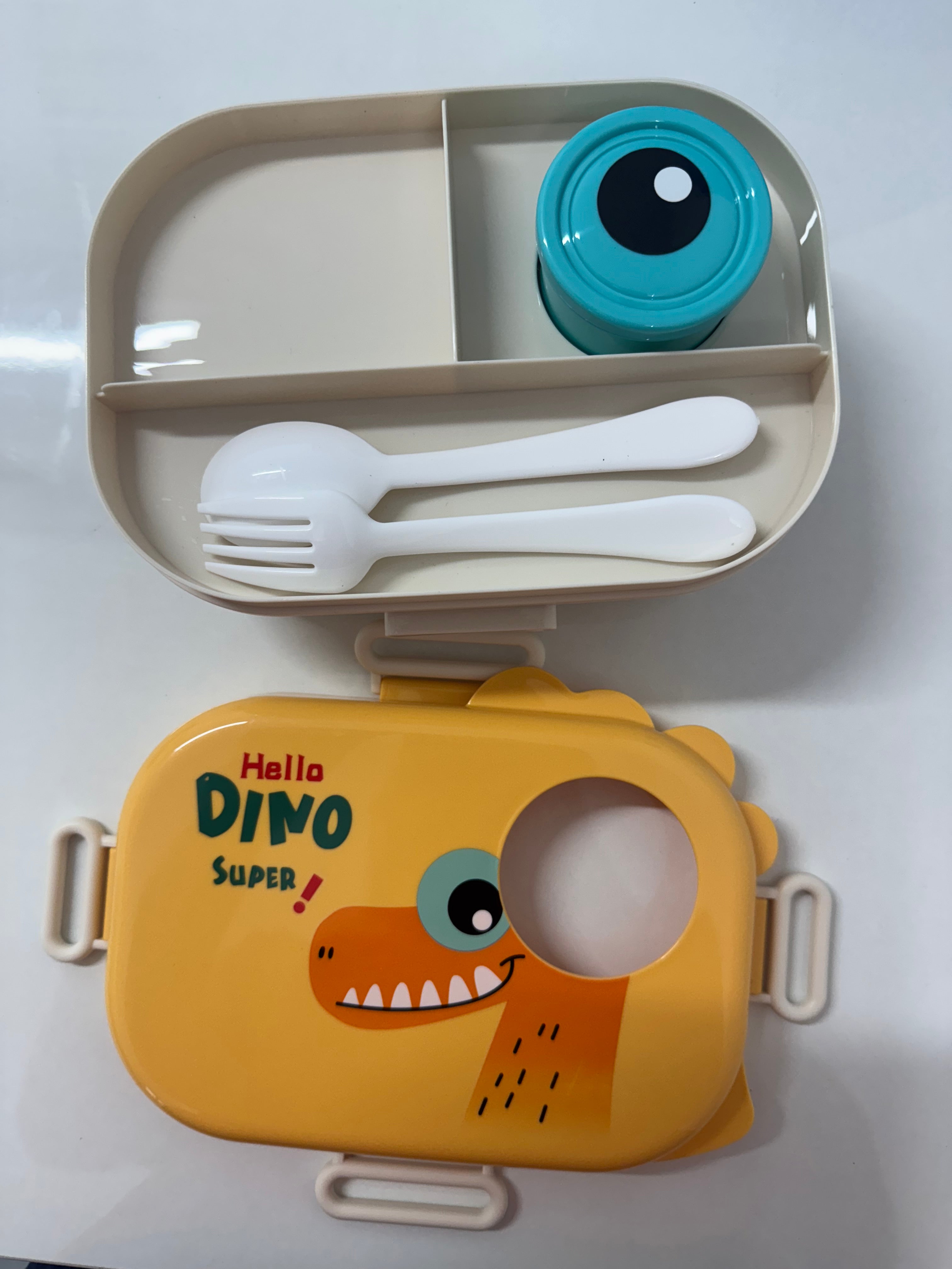 Dino Buddy Colourful Leakproof Kids Lunch Box with Cartoon Design and Cutlery Set – Fun, Durable, BPA-Free, Easy Open Clips – Ideal for School, Daycare, Picnics, Travel
