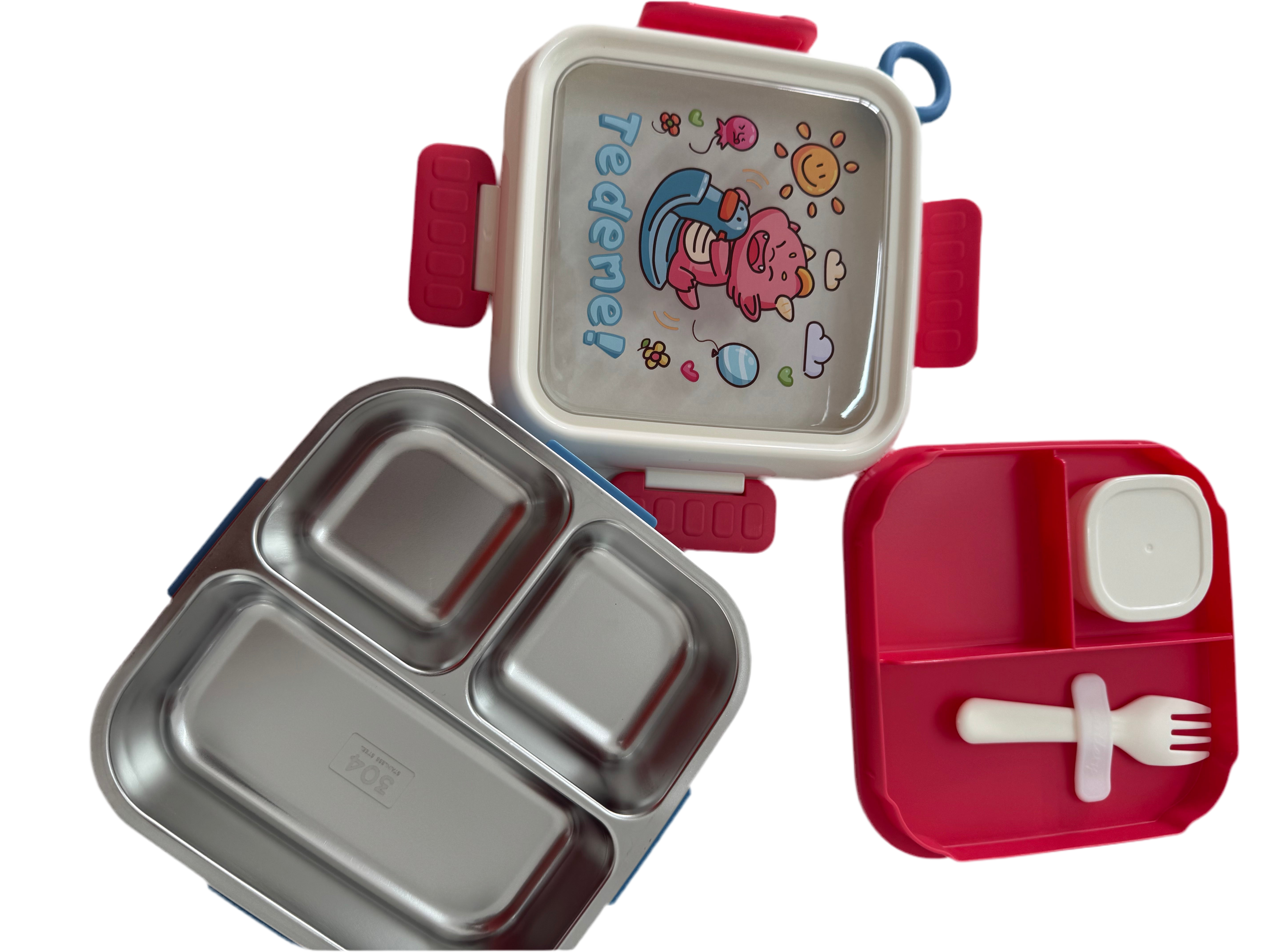 Cute Teddy Bear Leak-Proof Lunch Box with Stainless Steel Interior| Cute Desing | Multi-Tier Bento Box, Food Storage Container with Secure Lock (Pink)