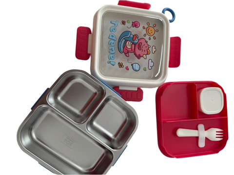 Cute Teddy Bear Leak-Proof Lunch Box with Stainless Steel Interior| Cute Desing | Multi-Tier Bento Box, Food Storage Container with Secure Lock (Pink)
