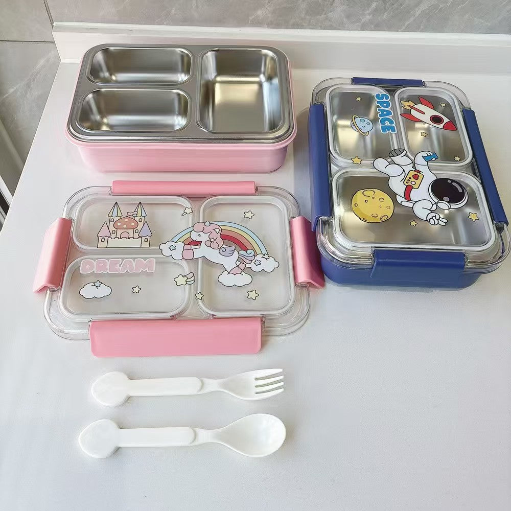 Fun Themed Stainless Steel 3-Compartment Lunch Box -Leakproof with Transparent Lid – Airtight Bento Tiffin for Office, School, Travel