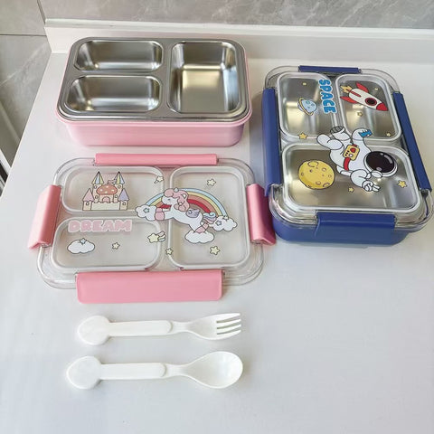 Fun Themed Stainless Steel 3-Compartment Lunch Box -Leakproof with Transparent Lid – Airtight Bento Tiffin for Office, School, Travel