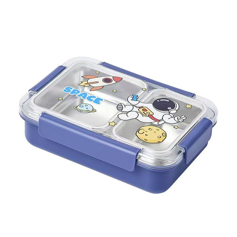 Fun Themed Stainless Steel 3-Compartment Lunch Box -Leakproof with Transparent Lid – Airtight Bento Tiffin for Office, School, Travel
