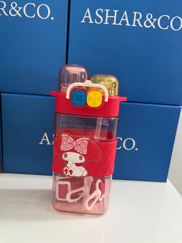 Water Bottle with Dual Cap and with Cartoon Characters | Double Drinking Straw Cup | Strap Handle | Portable Handheld Tumbler,Perfect for Travel Picnic Sport School