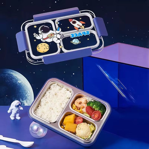 Fun Themed Stainless Steel 3-Compartment Lunch Box -Leakproof with Transparent Lid – Airtight Bento Tiffin for Office, School, Travel