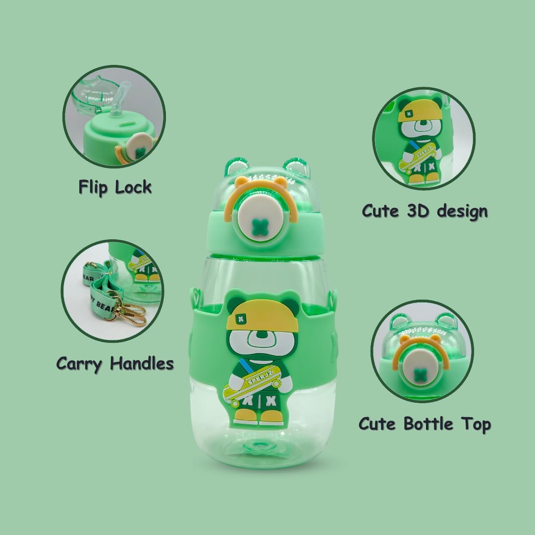 Elegant Water Bottle with Cartoon Characters – Safe Plastic, Sipper Cap and Handle (Blue)