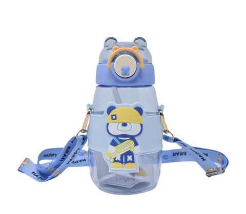 Elegant Water Bottle with Cartoon Characters – Safe Plastic, Sipper Cap and Handle (Blue)