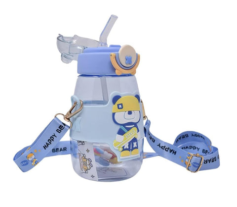 Elegant Water Bottle with Cartoon Characters – Safe Plastic, Sipper Cap and Handle (Blue)
