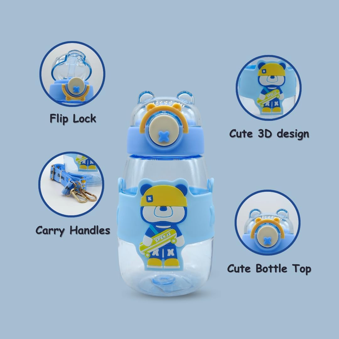 Elegant Water Bottle with Cartoon Characters – Safe Plastic, Sipper Cap and Handle (Blue)