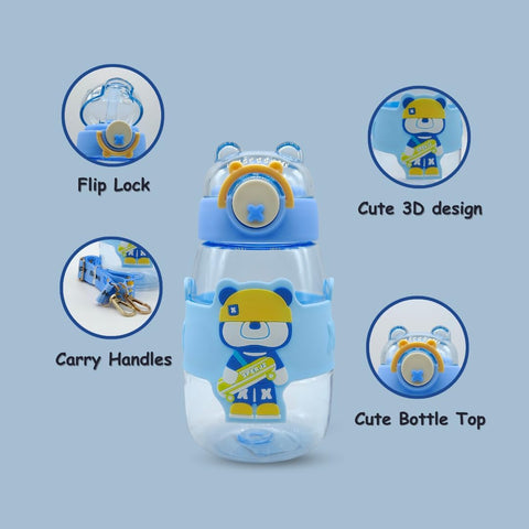 Elegant Water Bottle with Cartoon Characters – Safe Plastic, Sipper Cap and Handle (Blue)
