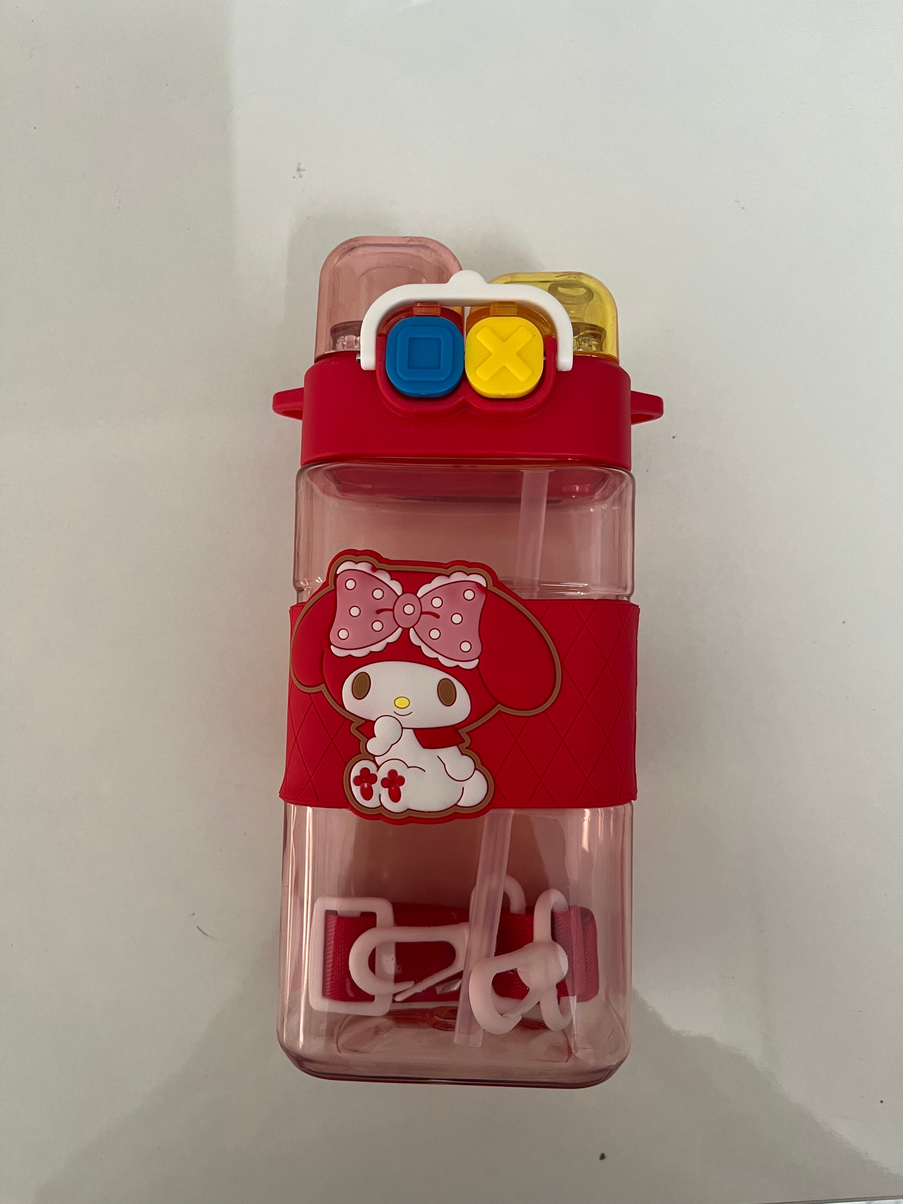 Water Bottle with Dual Cap and with Cartoon Characters | Double Drinking Straw Cup | Strap Handle | Portable Handheld Tumbler,Perfect for Travel Picnic Sport School
