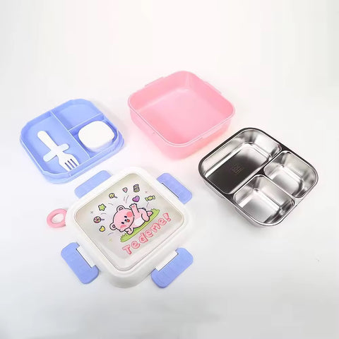 Cute Teddy Bear Leak-Proof Lunch Box with Stainless Steel Interior| Cute Desing | Multi-Tier Bento Box, Food Storage Container with Secure Lock (Pink)