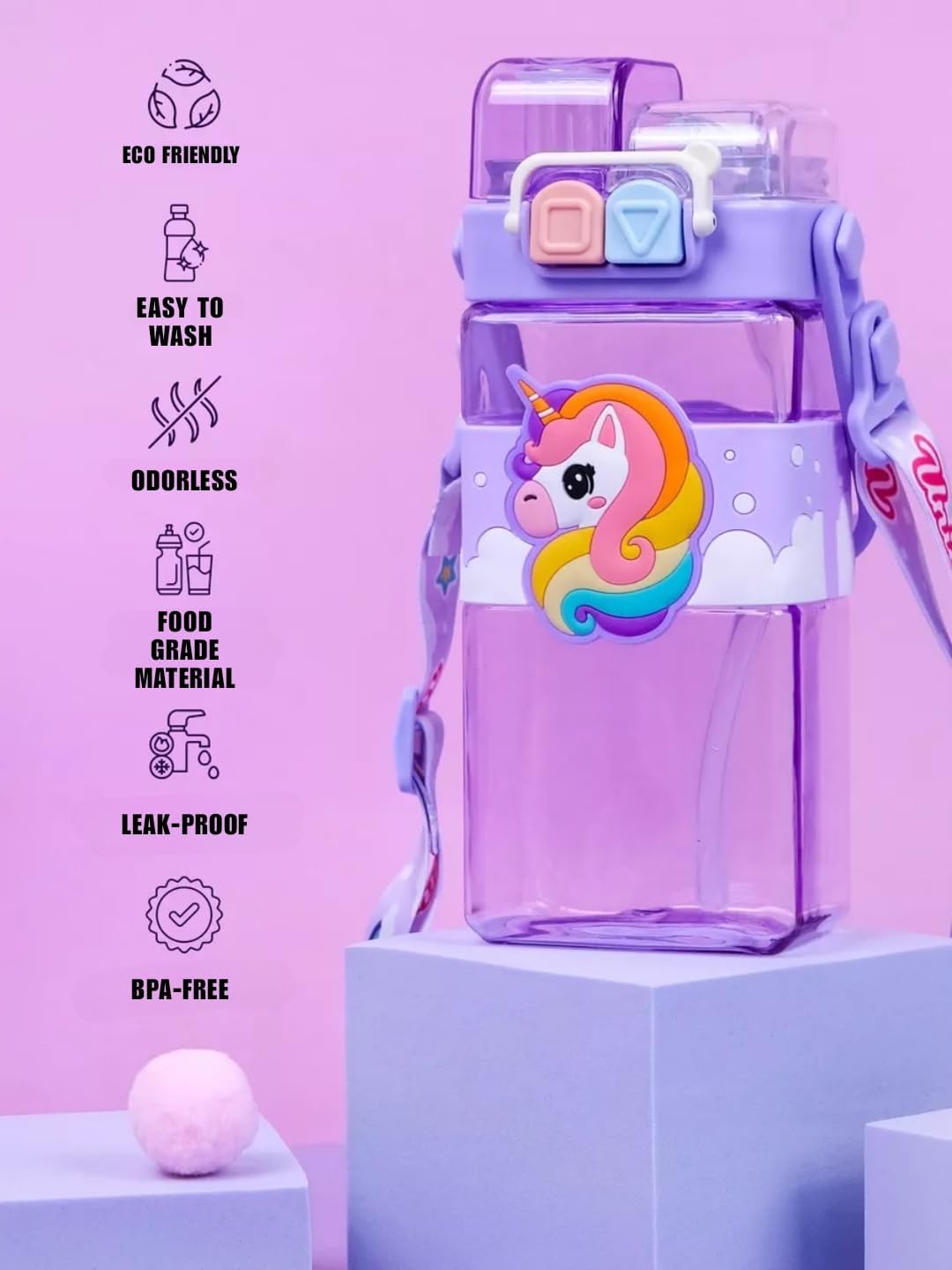 Cartoon Water Bottle with Adjustable Strap – Cute Double Drinking Straw Cup | Leak-Proof, Portable Tumbler – 520ML –Perfect for School & Outdoor Fun (Purple)
