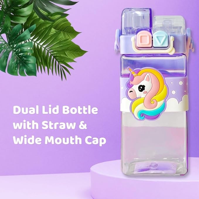 Cartoon Water Bottle with Adjustable Strap – Cute Double Drinking Straw Cup | Leak-Proof, Portable Tumbler – 520ML –Perfect for School & Outdoor Fun (Purple)