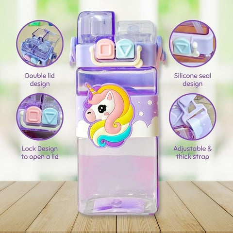 Cartoon Water Bottle with Adjustable Strap – Cute Double Drinking Straw Cup | Leak-Proof, Portable Tumbler – 520ML –Perfect for School & Outdoor Fun (Purple)