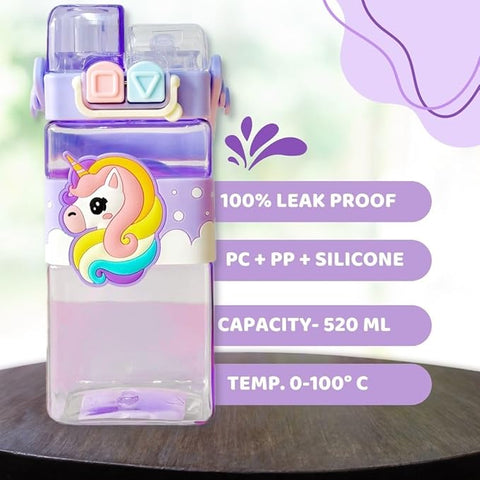 Cartoon Water Bottle with Adjustable Strap – Cute Double Drinking Straw Cup | Leak-Proof, Portable Tumbler – 520ML –Perfect for School & Outdoor Fun (Purple)