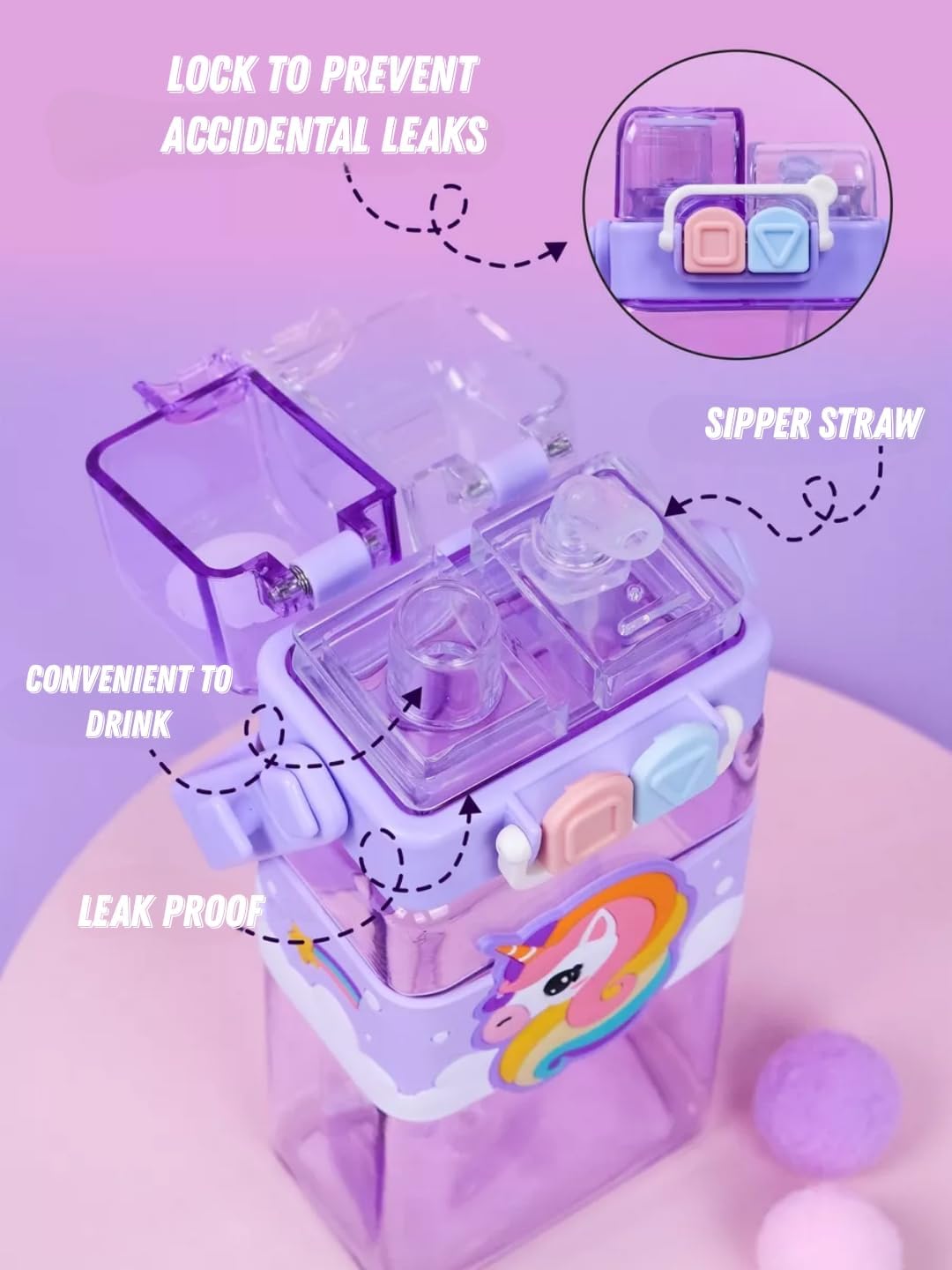 Cartoon Water Bottle with Adjustable Strap – Cute Double Drinking Straw Cup | Leak-Proof, Portable Tumbler – 520ML –Perfect for School & Outdoor Fun (Purple)