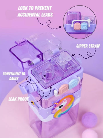 Cartoon Water Bottle with Adjustable Strap – Cute Double Drinking Straw Cup | Leak-Proof, Portable Tumbler – 520ML –Perfect for School & Outdoor Fun (Purple)