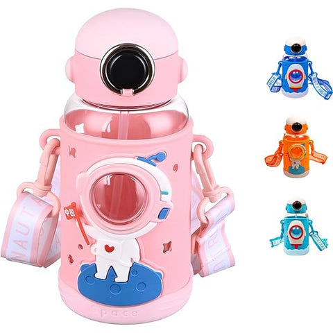 Space Theme Vibrant Kids Bottle - Cute Design with Handle | Stylish & Attractive | Perfect for School and Travel (Pink)