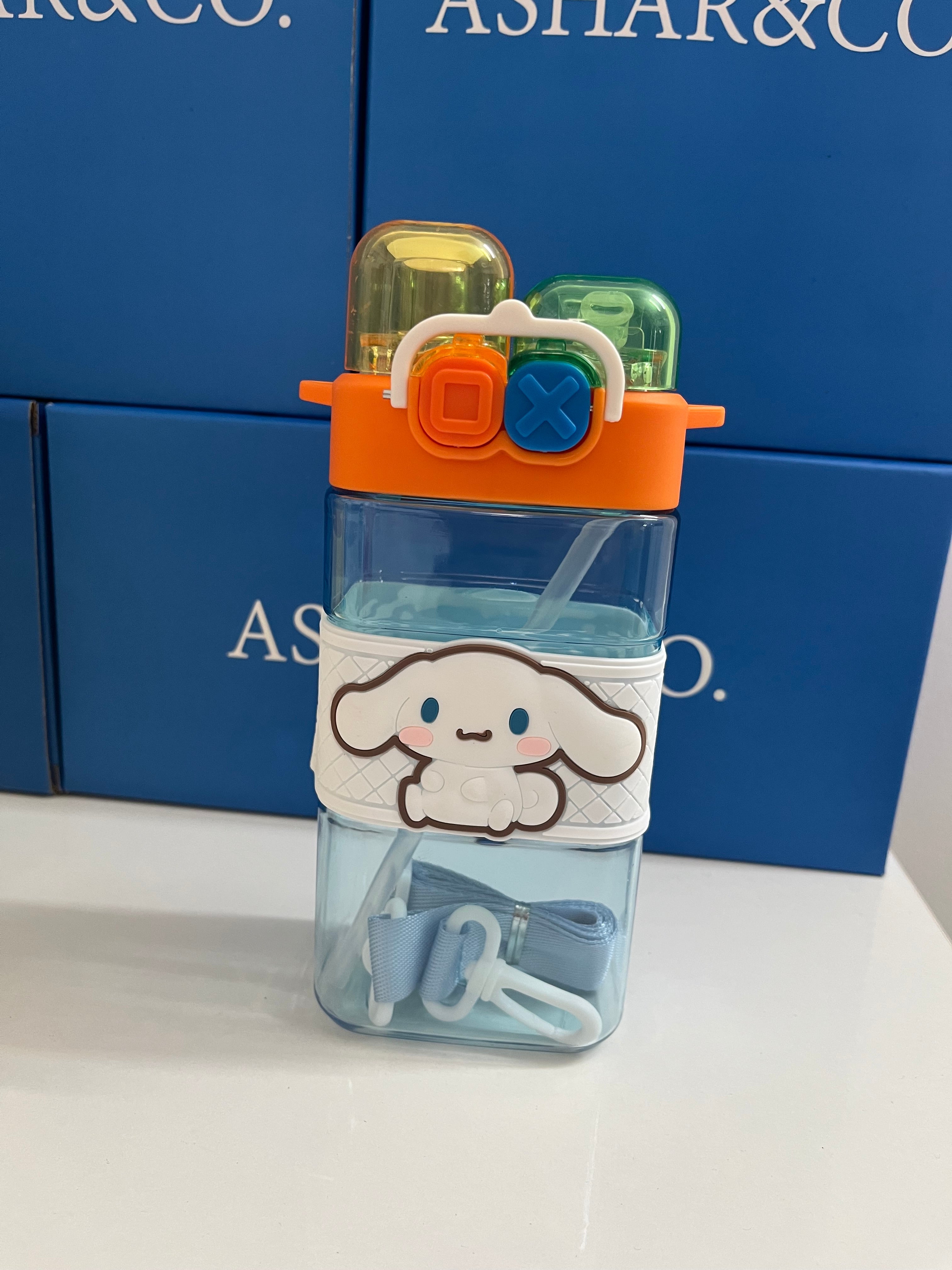 Water Bottle with Dual Cap and with Cartoon Characters | Double Drinking Straw Cup | Strap Handle | Portable Handheld Tumbler,Perfect for Travel Picnic Sport School