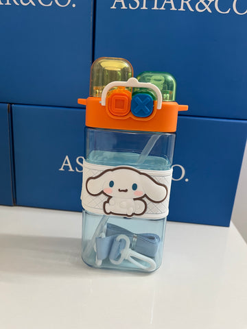 Water Bottle with Dual Cap and with Cartoon Characters | Double Drinking Straw Cup | Strap Handle | Portable Handheld Tumbler,Perfect for Travel Picnic Sport School