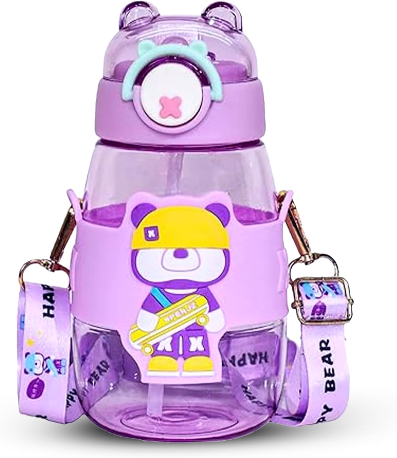 Elegant Water Bottle with Cartoon Characters – Safe Plastic, Sipper Cap and Handle (Blue)