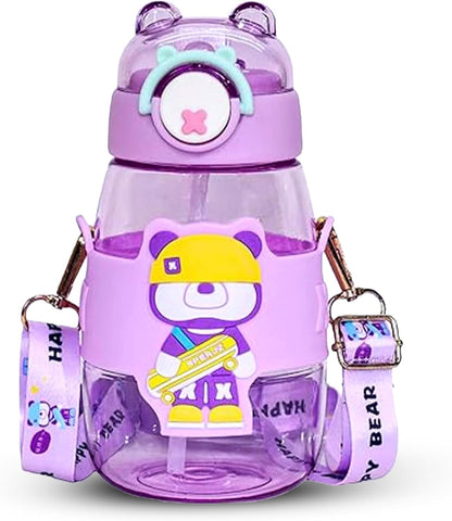 Elegant Water Bottle with Cartoon Characters – Safe Plastic, Sipper Cap and Handle (Blue)