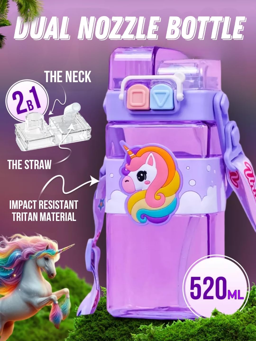Cartoon Water Bottle with Adjustable Strap – Cute Double Drinking Straw Cup | Leak-Proof, Portable Tumbler – 520ML –Perfect for School & Outdoor Fun (Purple)