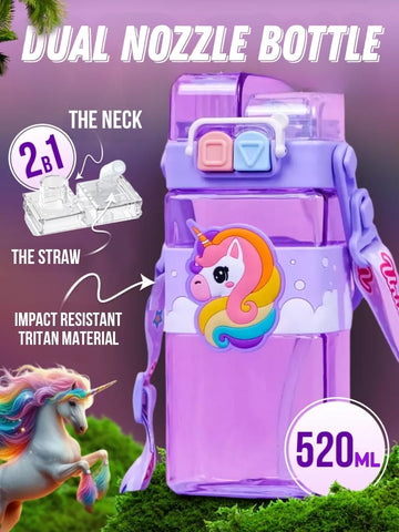 Cartoon Water Bottle with Adjustable Strap – Cute Double Drinking Straw Cup | Leak-Proof, Portable Tumbler – 520ML –Perfect for School & Outdoor Fun (Purple)