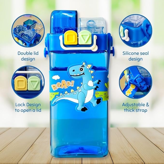 Cartoon Water Bottle with Adjustable Strap – Cute Double Drinking Straw Cup | Leak-Proof, Portable Tumbler – 520ML –Perfect for School & Outdoor Fun (Purple)