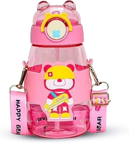 Elegant Water Bottle with Cartoon Characters – Safe Plastic, Sipper Cap and Handle (Blue)