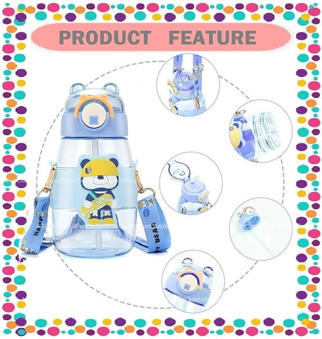 Elegant Water Bottle with Cartoon Characters – Safe Plastic, Sipper Cap and Handle (Blue)