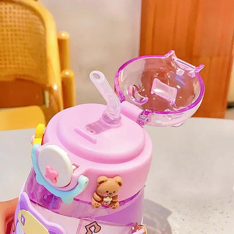 Elegant Water Bottle with Cartoon Characters – Safe Plastic, Sipper Cap and Handle (Blue)