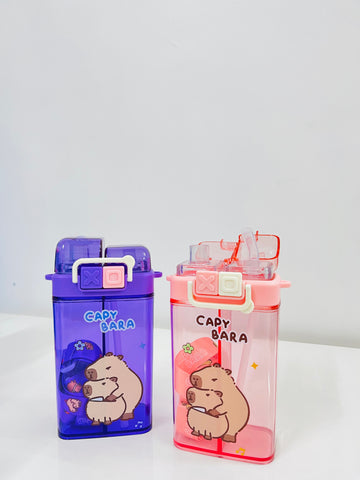 Vibrant Water Bottle with Dual Cap and with Cartoon Characters | Double Drinking Straw Cup | Strap Handle | Portable Handheld Tumbler Perfect for Travel Picnic Sport School (Blue)