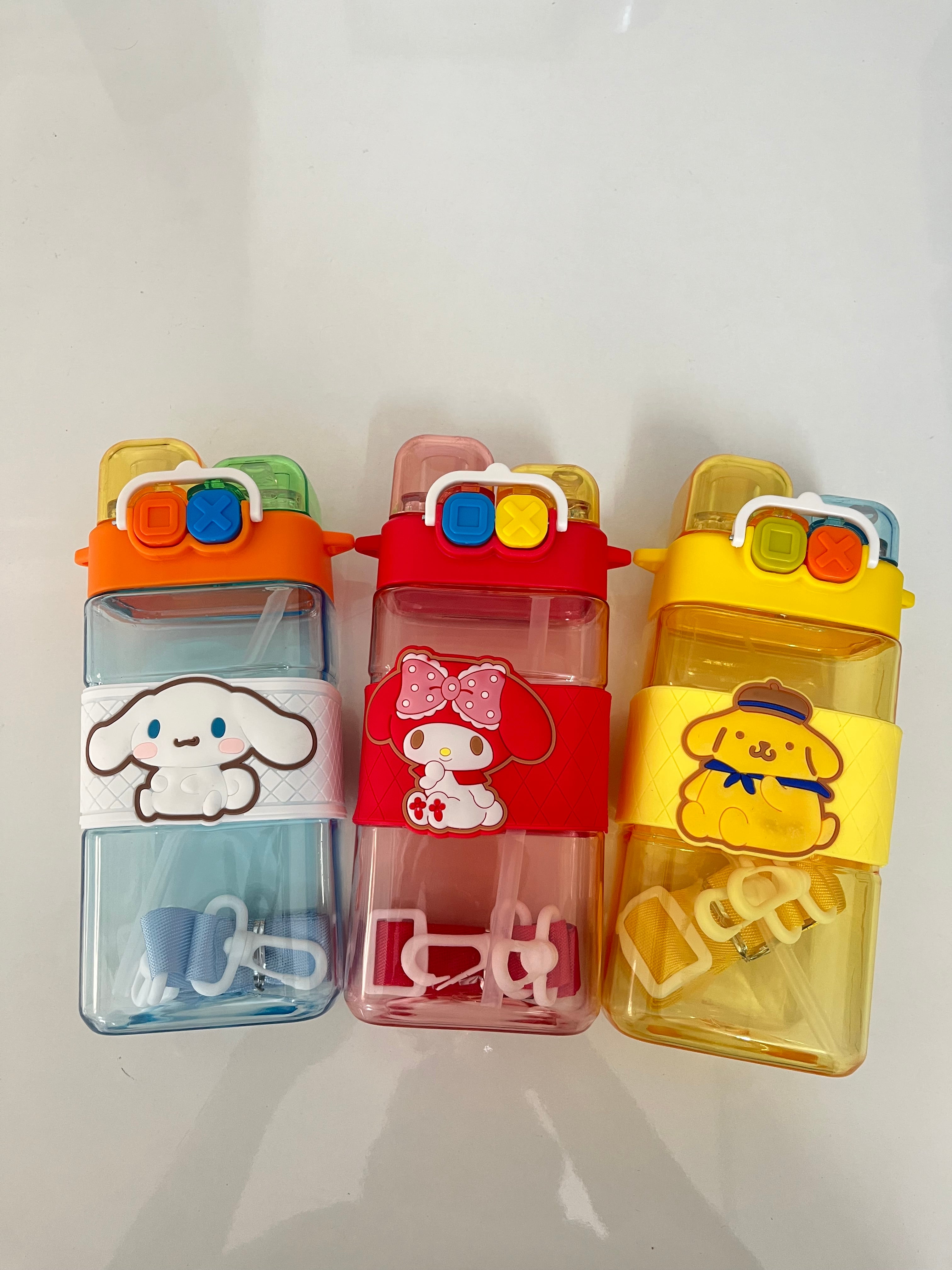 Water Bottle with Dual Cap and with Cartoon Characters | Double Drinking Straw Cup | Strap Handle | Portable Handheld Tumbler,Perfect for Travel Picnic Sport School