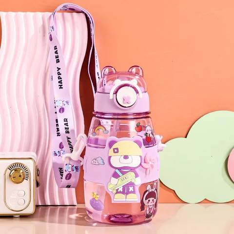 Elegant Water Bottle with Cartoon Characters – Safe Plastic, Sipper Cap and Handle (Blue)