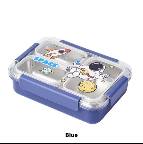Fun Themed Stainless Steel 3-Compartment Lunch Box -Leakproof with Transparent Lid – Airtight Bento Tiffin for Office, School, Travel