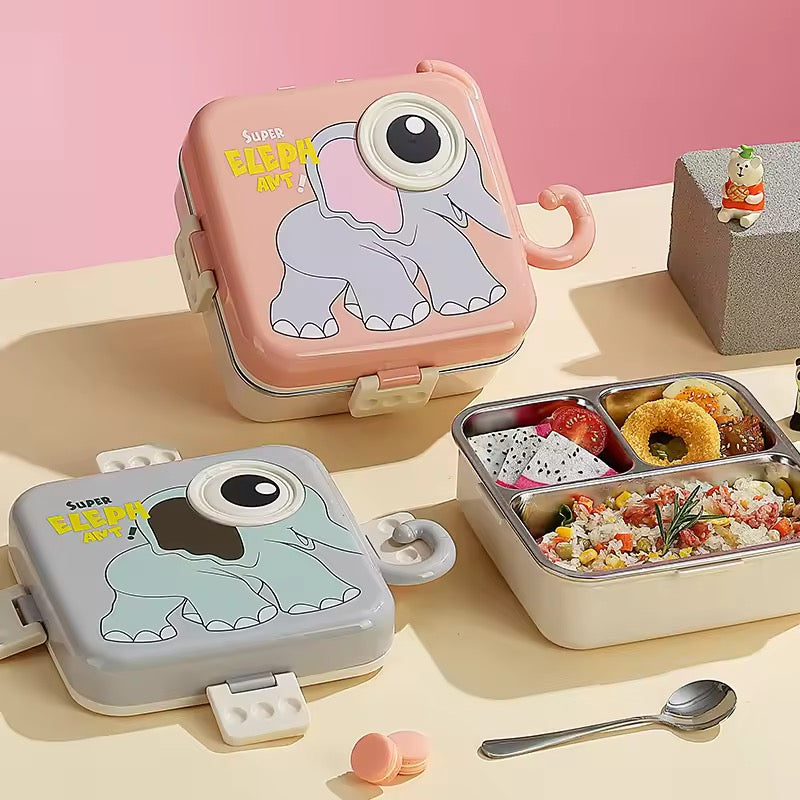 Elephant School Children Bento Lunch Box Cute Cartoon Printing| Super Elephant Lunch Box 2 Layer Stainless Steel Lunch Box|BPA Free Ideal for Kids