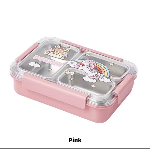 Fun Themed Stainless Steel 3-Compartment Lunch Box -Leakproof with Transparent Lid – Airtight Bento Tiffin for Office, School, Travel