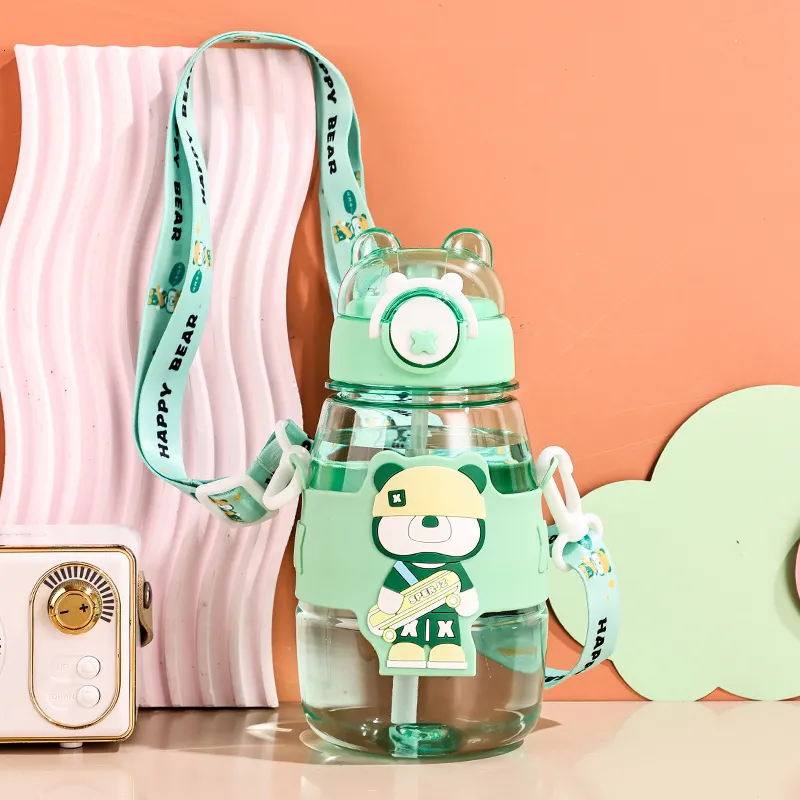Elegant Water Bottle with Cartoon Characters – Safe Plastic, Sipper Cap and Handle (Blue)