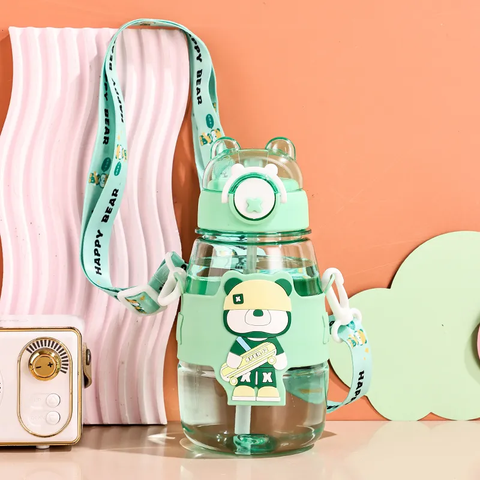Elegant Water Bottle with Cartoon Characters – Safe Plastic, Sipper Cap and Handle (Blue)
