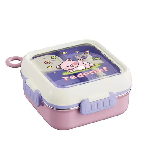Cute Teddy Bear Leak-Proof Lunch Box with Stainless Steel Interior| Cute Desing | Multi-Tier Bento Box, Food Storage Container with Secure Lock (Pink)